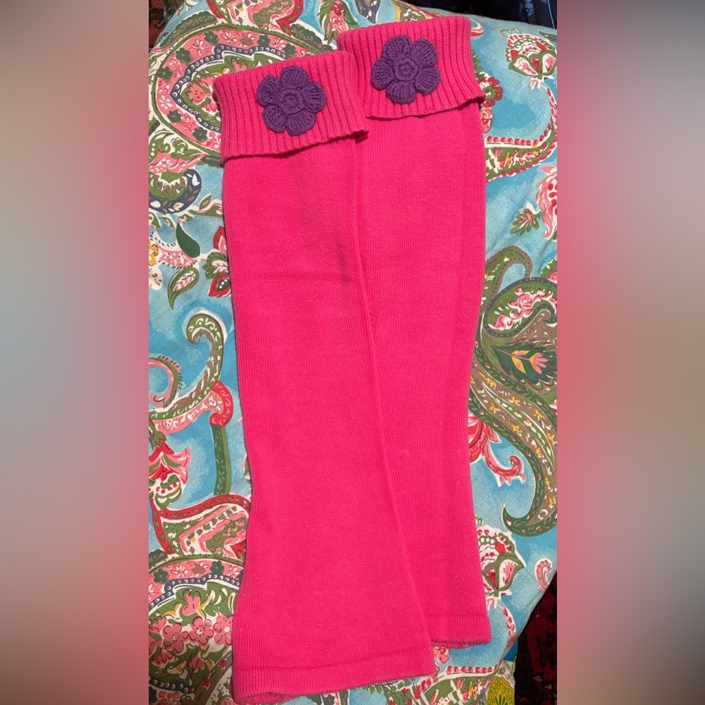 HANNAH ANDERSSON girls pink crochet leg warmers. ADORABLE! Size Large